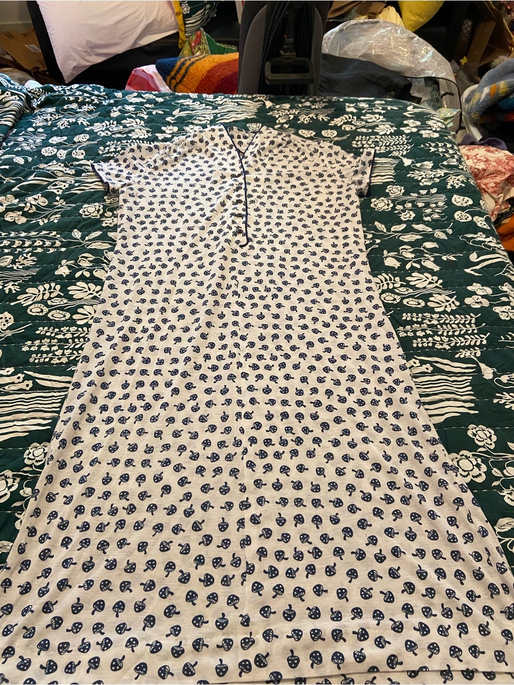 White and Navy Short-Sleeve Mushroom Midi Dress with Button Placket